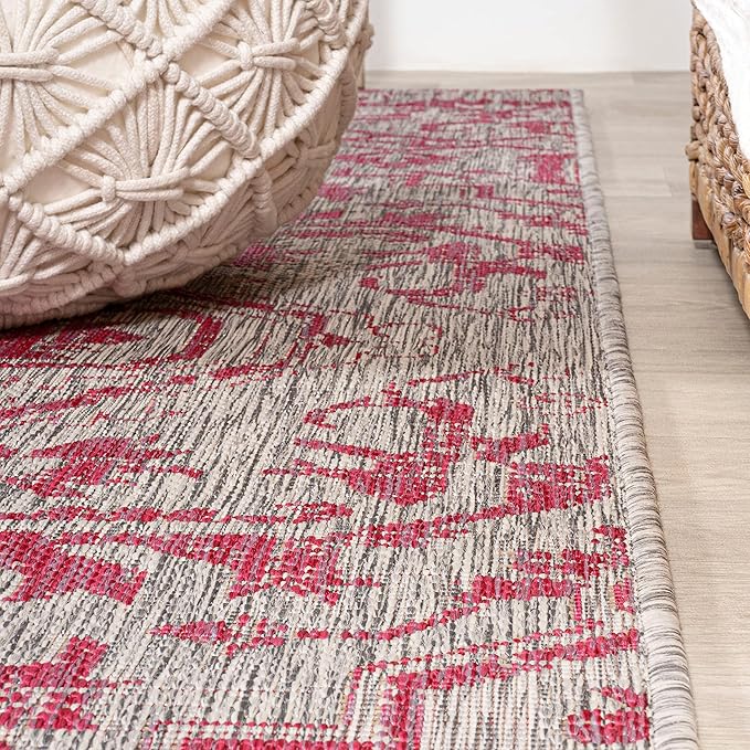 JONATHAN Y SMB105F-28 Estrella Bohemian Medallion Textured Weave Indoor Outdoor Runner Rug,Coastal,Traditional,Transitional Easy Clean,Bedroom,Kitchen,Backyard,Patio, Non-Shed,Light Gray/Fuchsia,2 X 8