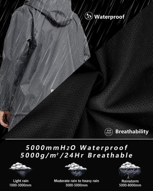 JAEZZIY Rain Suits for Men Women Waterproof Lightweight Hooded Breathable Rain Gear Raincoat for Fishing Hiking Cycling (Grey L)