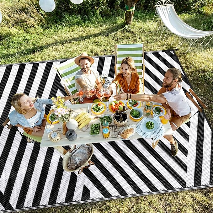Outdoor Patio Plastic Straw Rug - 8'x10' Outdoor Camping Rug Waterproof Reversible, Area Carpet Patios Clearance RV, Outside Porch Balcony Deck for Camper, White & Black