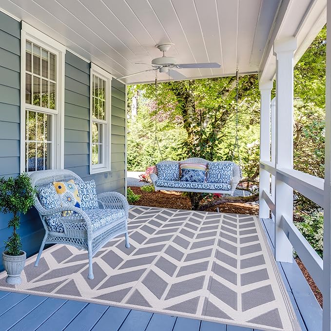 RURALITY Outdoor Rugs 8x10 Waterproof for Patios Clearance,Plastic Straw Mats for Backyard,Porch,Deck,Balcony,Reversible,Arrows Pattern