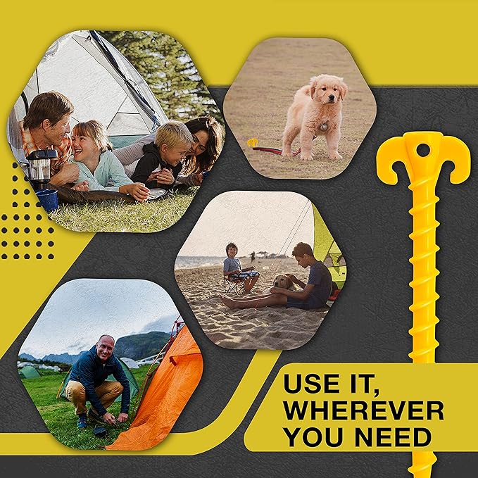 Fstop Labs 8 Pack Large 10 inch Outdoor Tent Stakes Heavy Duty Screw Style for Camping, Hiking, Ultimate Ground Stakes Ground Anchors Pegs
