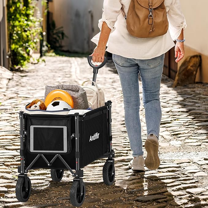 Collapsible Wagon Carts,Folding Wagon Cart with All Terrain Wheels,Heavy Duty Garden Carts with Adjustable Handle,Outdoor Utility Wagon for Camping Shopping Sports Fishing (Black)