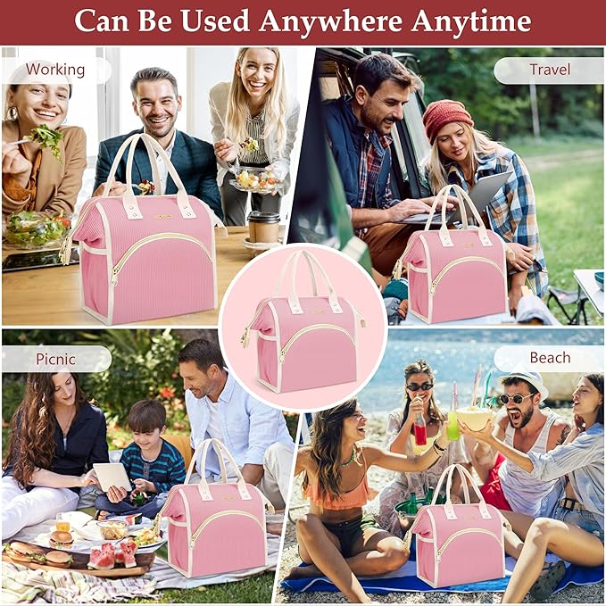 LOKASS Lunch Bag Women Insulated Lunch Box Wide-Open Lunch Tote Bag Large Cooler Bag for Work Picnic Hiking Beach(Pink)