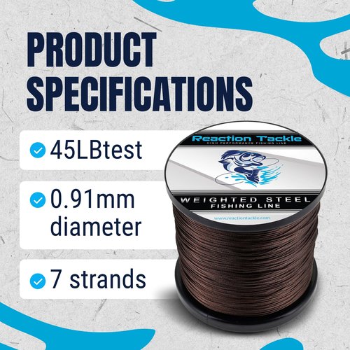 Reaction Tackle Weighted Stainless Steel Trolling Line 45LB- Premium Weighted Fishing Wire 45LB/ 300 Foot