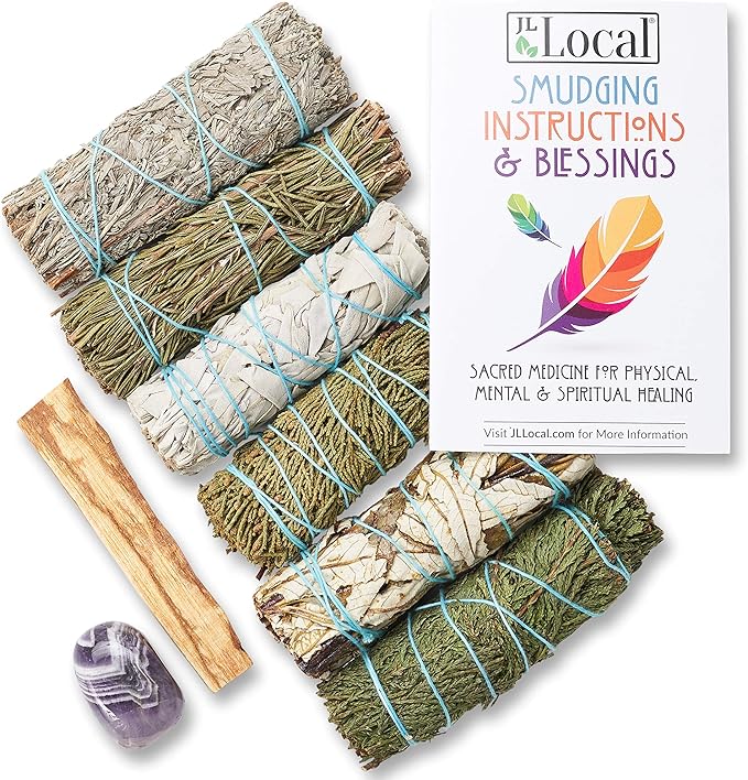 Sage Variety Pack - White Sage, Blue Sage, Yerba Santa, Cedar, Juniper & Palo Santo Smudge Sticks + Amethyst | Smudging Kit (Variety Sages)