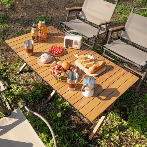 Whitsunday Folding Camping Table Aluminum Portable Roll-Up Picnic Table 4-6 Person for BBQ Backyard Patio Party Wood Grain 34.6 * 23.6 * 17.3