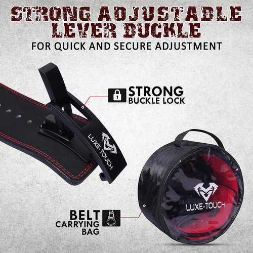 LUXE-TOUCH. 10mm Premium Leather Lever Belt, Squats Deadlifts Bodybuilding Weight Lifting Powerlifting Lever Gym Belt. Lower Spine Support Leather Belt. Premium Quality Belt with Stainless Steel Lever (Red, Medium (32" - 36"))