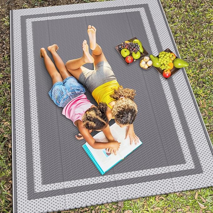HappyTrends Outdoor Rug Reversible Portable Plastic Straw Camping Rugs for Outside RV,Large Waterproof Outdoor Area Rugs for Patio,Deck,Porch,Balcony(8'x 10',White&Gray)