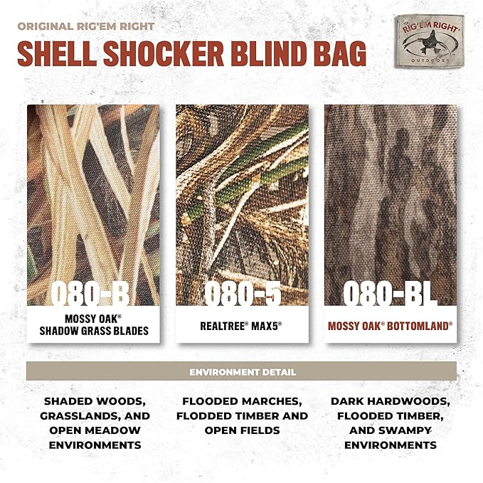 Rig'Em Right Waterfowl Standard Shell Shocker Duck Hunting Blind Bag with Sunglasses Case, Drink Holder, Ammo Compartment and More (Mossy Oak Bottom Lands Camo)