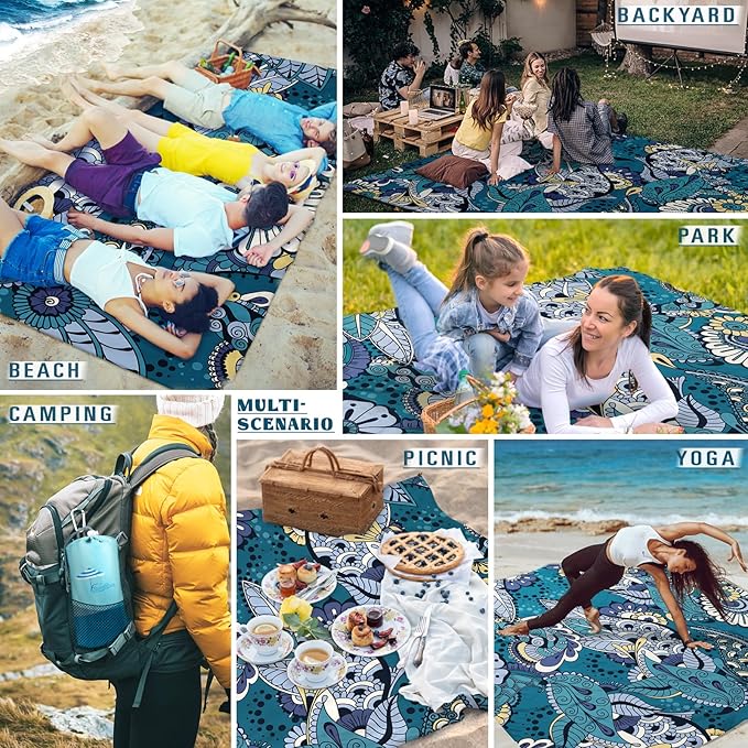 Beach Blanket Sandproof Waterproof 78''ร81''1-5 Adults Oversized,Compact Lightweight Durable Beach Mat for Travel Camping Hiking Picnic Blanket