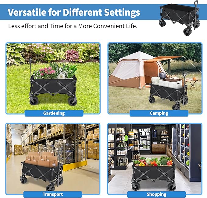 YSSOA Collapsible Wagon Carts Foldable, Garden Cart with 360° All-Terrain Wheels, Adjustable Handle, 220lbs Weight Capacity, 113L, Utility Wagons for Outdoor, Heavy Duty Wagon Cart