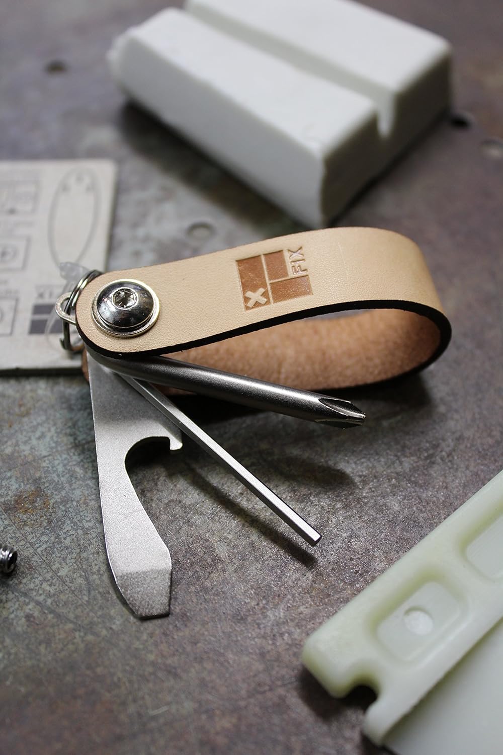 Surf Cloak Keychain fin key leather combo tool with bottle opener