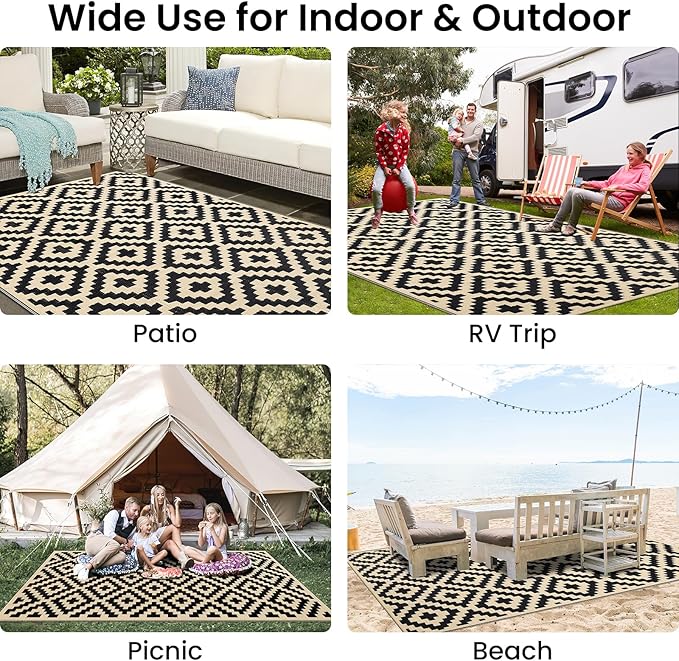 Smiry Waterproof Outdoor Rug 4x6 ft, Reversible Plastic Straw Patio Camping Rugs, Outdoor Indoor RV Mat Carpet for Patio, Outside Entry, Backyard, Deck, Bench, Picnic, Camper, Black & White