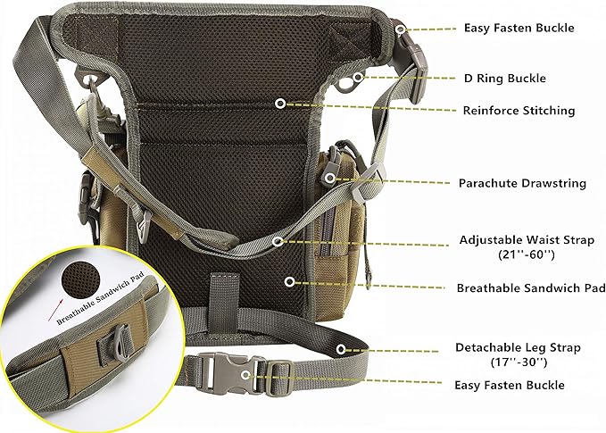 Jueachy Drop Leg Bag for Men Tactical Metal Detecting Thigh Pack with Water Bottle Pouch