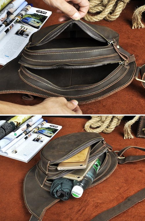 Le'aokuu Mens Fashion Casual Tea Designer Travel Hiking Crossbody Chest Sling Bag Rig One Shoulder Strap Bag For Men Leather (9918 Dark Brown)