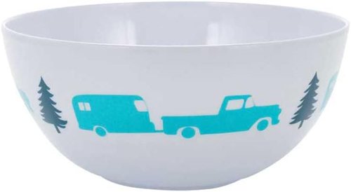 Camco Teal Life is Better at The Campsite 12 Piece Dishware Set-Blue Retro Trailer and Logo Design, Includes Plates and Bowls, Perfect for RVing and Camping, Melamine (53296)