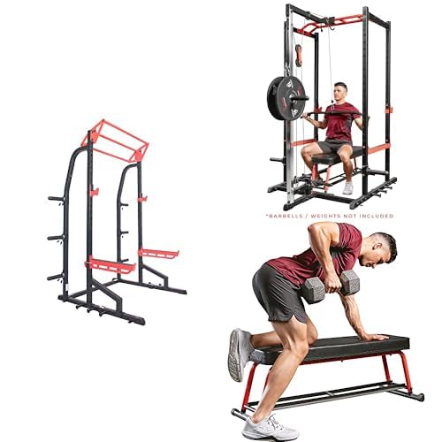 Sunny Health & Fitness Power Rack - SF-XF9933 LAT Pull Down Flat Bench Bundle SF-XF9927 SF-BH6996