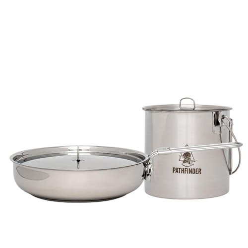 The Pathfinder School Stainless Steel Folding Skillet & Lid + Bush Pot & Lid Set – Durable Outdoor Cookware for Camping, Bushcraft, Survival, Hiking, & Backpacking Essentials