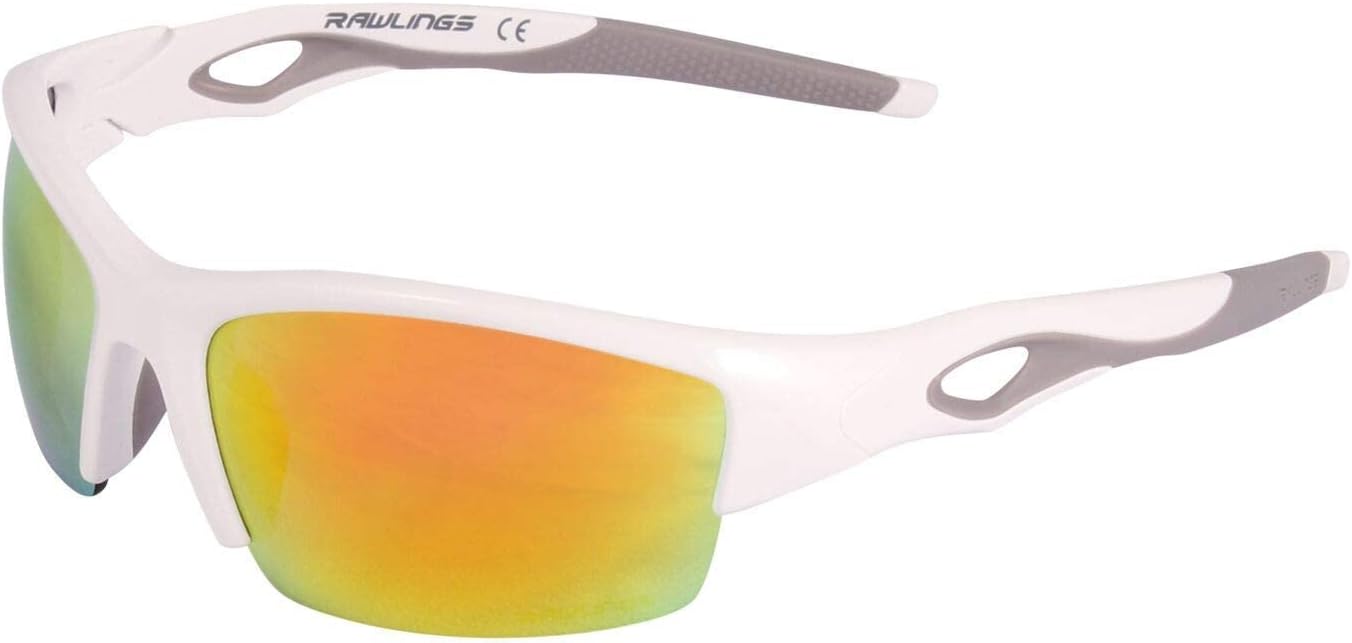 Rawlings Youth Sport Baseball Sunglasses, Lightweight Stylish Shield Lens, 100% UV Poly Lens, Secure Fit, Superior Clarity - White/Orange
