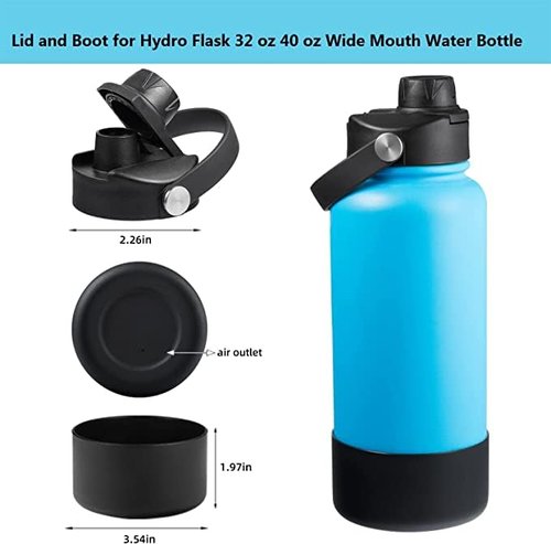 Replacement Lid and boot for Hydro Flask 32 40 oz Wide Mouth Water Bottles, Lids Compatible with Hydro Flask Wide Mouth Sports Cup, Top Spout Lid with Handle, Chug Cap Accessories, Black lid+Boot