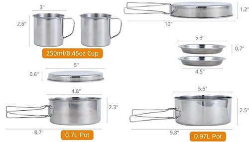 LONER OUTDOORS Camping Cookware Set 8-Piece Stainless Steel Backpacking and Camping Cooking Mess Kit - Lightweight and Durable Cook Set for Hiking, Outdoor Adventures, and Picnics