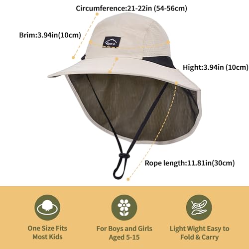 ZOORON Kids Sun Hat with Neck Flap UPF 50+ UV Protection Wide Brim Breathable Fishing Safari Beach Summer Hat for Boys Grils Beige