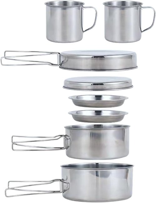 LONER OUTDOORS Camping Cookware Set 8-Piece Stainless Steel Backpacking and Camping Cooking Mess Kit - Lightweight and Durable Cook Set for Hiking, Outdoor Adventures, and Picnics
