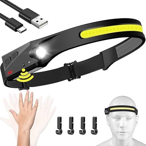Rechargeable LED Headlamp, 230° Illumination Headlight with Motion Sensor, Lightweight, Weatherproof, 2 Light Source Head Lamp Flashlight for Camping, Hiking, Running, Outdoor - Adults and Kids