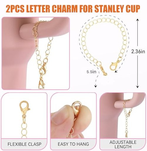PAZLOG 2PCS Letter Charm Accessories For Stanley Cup, Gold & Rose Gold A-Z Initial Chain Water Bottle Name Id Charms for Stanley 30&40 oz, Tumbler,Yeti, Simple Modern Cups Handle (M, Rose gold & Gold)