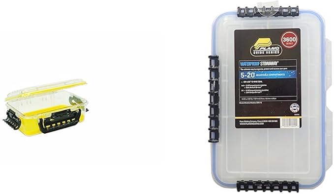 Plano Guide Series 3700 Field Box Waterproof Case, Blue, Large, Waterproof Dry Box with Wrist Strap for Boat, Kayak, and Camping, Outdoor Gear Storage, Clear/yellow & 3640 Waterproof Stowaway
