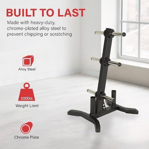 Fitness Reality X-Class Olympic Weight Tree - Heavy-Duty Bumper Plate Rack for Home Gym - Chrome Storage Posts - Includes 2 Barbell Holders - 1,000 Lb. Capacity