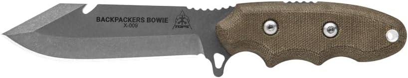 Tops Knives Backpackers Bowie Full Tang Fixed Blade- Tumble Finish-Black Kydex Sheath w/Rotating Spring Steel Clip (Green Canvas Micarta Handle)