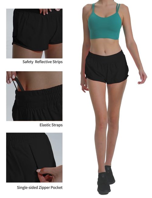 AugIris Athletic Running Shorts for Women with Zipper Pocket Soft Gym Workout Shorts with Mesh Liner Qucky Dry Black S