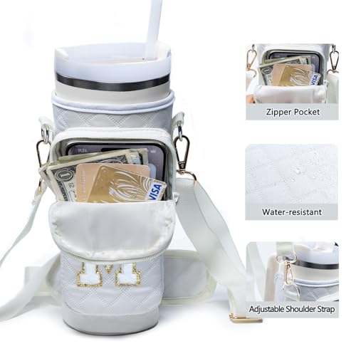 SPORJET Initial Water Bottle Carrier Bag with Phone Pocket Compatible with Stanley 40/30 oz Tumbler Holder with Strap, Cup Carrier Bag & Case - Personalized Teen Girl Gifts