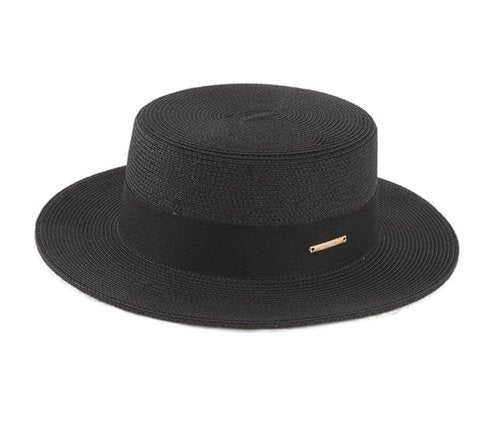 Straw Beach Sun Hat Pork-Pie Boater-Hat for Women Men - Summer Wide Brim Uv-Rays Panama Hat Black