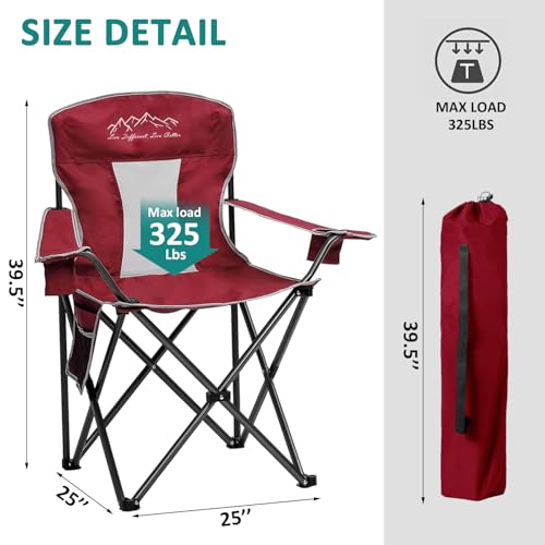 SAILARY 2PCS Collapsible Folding Camping Chairs Heavy Duty Lawn Foldable Chair with Cooler Bag, Storage Pocket, Waterproof Bag Outdoor Arm Sport Chair, Supports 325LBS, Red