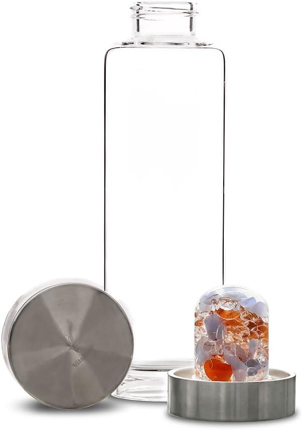 VitaJuwel ViA LUNA | Crystal Water Bottle with Rainbow Moonstone and Clear Quartz for Intuition, Empathy, Femininity