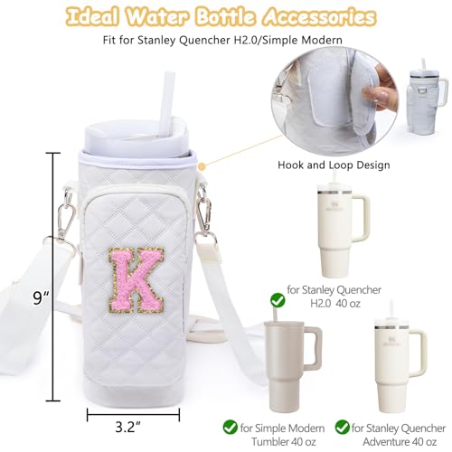 SPORJET Initial Water Bottle Carrier Bag with Phone Pocket Compatible with Stanley 40/30 oz Tumbler Holder with Strap, Cup Carrier Bag & Case - Personalized Teen Girl Gifts