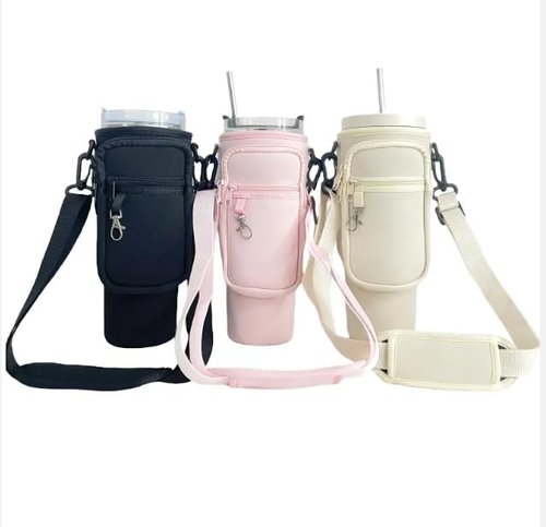 Copahue Water Bottle Carrier Bag with Phone Pocket for Stanley 40/30 oz Tumbler Neoprene Water Bottle Holder Pouch with Adjustable Strap (Black)