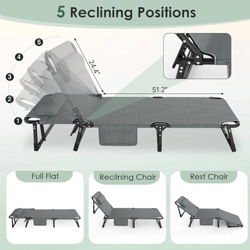 Slendor Folding Camping Cot for Adults, 5 Positions Adjustable Outdoor Bed, Lounge Chair, 1200D Layer Oxford Travel Cot With Mattress, Storage Bag, Black W/Gray Pad
