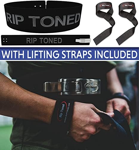 Rip Toned Lever Belt with Bonus Lifting Straps - 4" Leather Weight Lifting & Powerlifting Back Support - 10mm Belt for Strength Training, Xfit, Bodybuilding, MMA