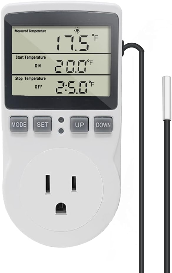 Digital Thermostat Plug Socket Temperature Controller Outlet 3m Probe 120V 15A 1800W C F Heating Cooling Control for Incubator Brewing Incubator Greenhouse Terrarium Heat Mat