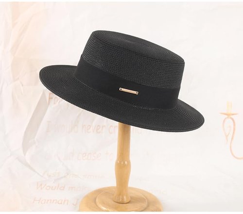 Straw Beach Sun Hat Pork-Pie Boater-Hat for Women Men - Summer Wide Brim Uv-Rays Panama Hat Black