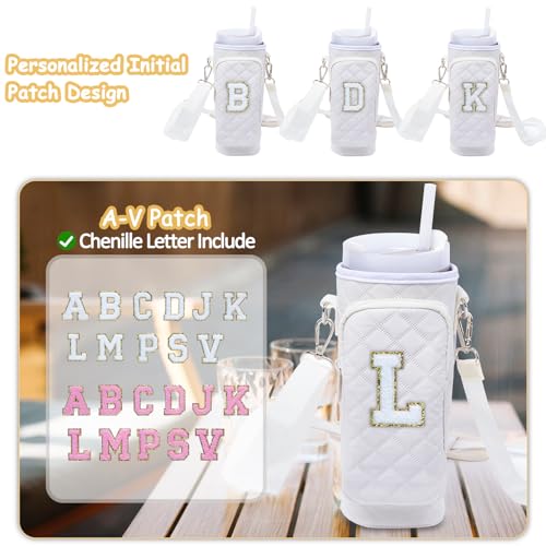 SPORJET Initial Water Bottle Carrier Bag with Phone Pocket Compatible with Stanley 40/30 oz Tumbler Holder with Strap, Cup Carrier Bag & Case - Personalized Teen Girl Gifts
