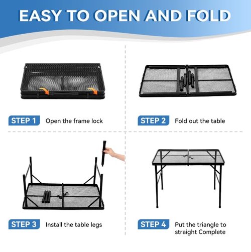 MOOTHLION Portable Camping Table with Wire Mesh Top for Outside, Height Adjustable Grill Table for Camping, Beach, Picnic and BBQ, Black