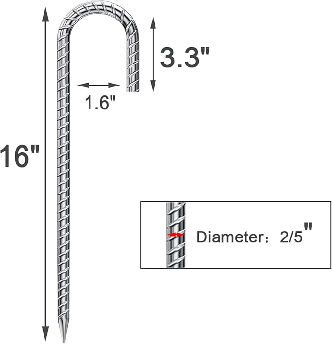 Rebar Stakes 16 Inch 17 Pack Tent Stakes Heavy Duty Metal J Hook, Fence Stakes for Trampoline, Fence, Camping Tent (17, J-16 x2/5")