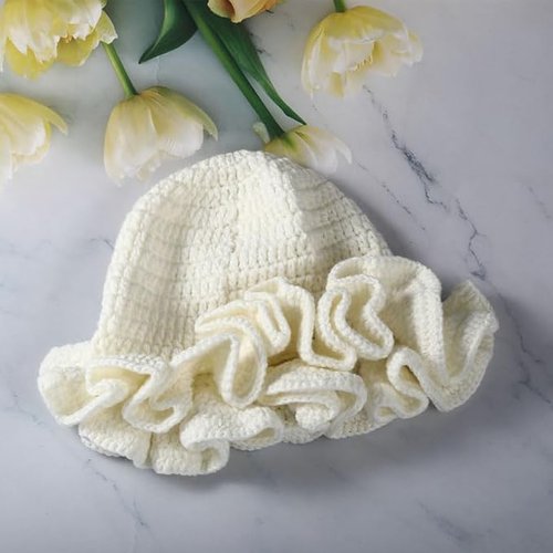 Crochet Bucket Hat Women Trendy Knit Floppy Ruffled Cap Cute Boho Handmade Beanies Outdoor Boho Travel Fishing Hat White