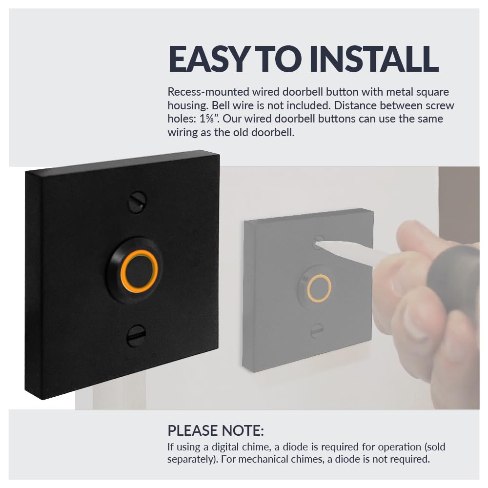 Newhouse Hardware Rectangular Lighted Wired Metal Doorbell Button in Black BT6BL, for Doorbell Chime, Buzzer, or Ringer, Door Bell Button Only, Buzzer Button with LED Button Light