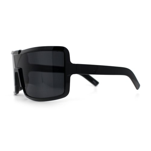 Fancy Large Oversized Curved Panel Monoblock Shield Sport Plastic Sunglasses All Black
