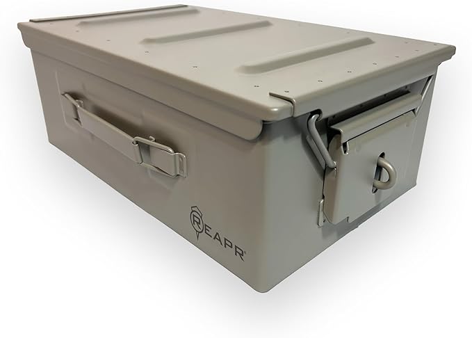 Reapr Steel Ammo Can, Heavy Duty Locking Metal Ammo Storage Box, Airtight and Watertight 30 Cal or 50 Cal Case for Rifle, Shotgun, Pistol, Military Footlocker Style Tool and Gear Organizer